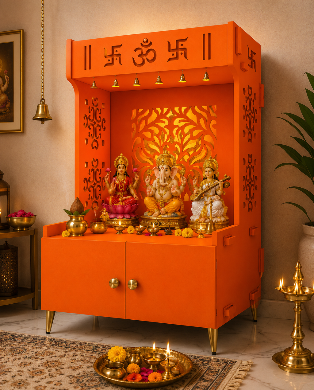 Designer Intricate Jali Design Pattern Floor Temple with Spacious Wooden Shelf & Inbuilt Focus Light- Bhagwa Finish