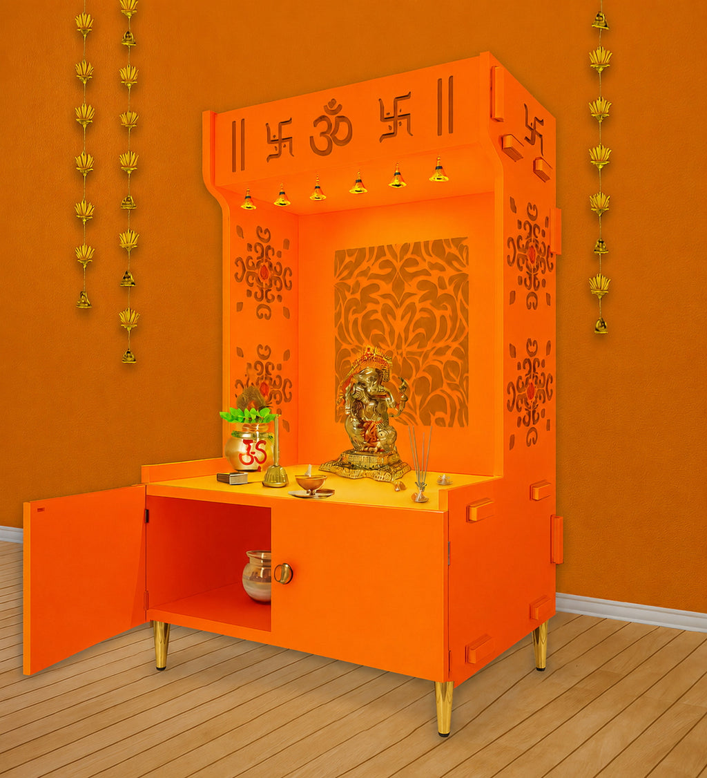Designer Intricate Jali Design Pattern Floor Temple with Spacious Wooden Shelf & Inbuilt Focus Light- Bhagwa Finish