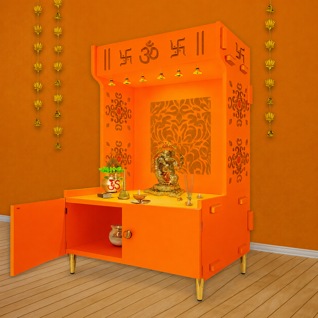 Designer Intricate Jali Design Pattern Floor Temple with Spacious Wooden Shelf & Inbuilt Focus Light- Bhagwa Finish