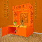Designer Intricate Jali Design Pattern Floor Temple with Spacious Wooden Shelf & Inbuilt Focus Light- Bhagwa Finish
