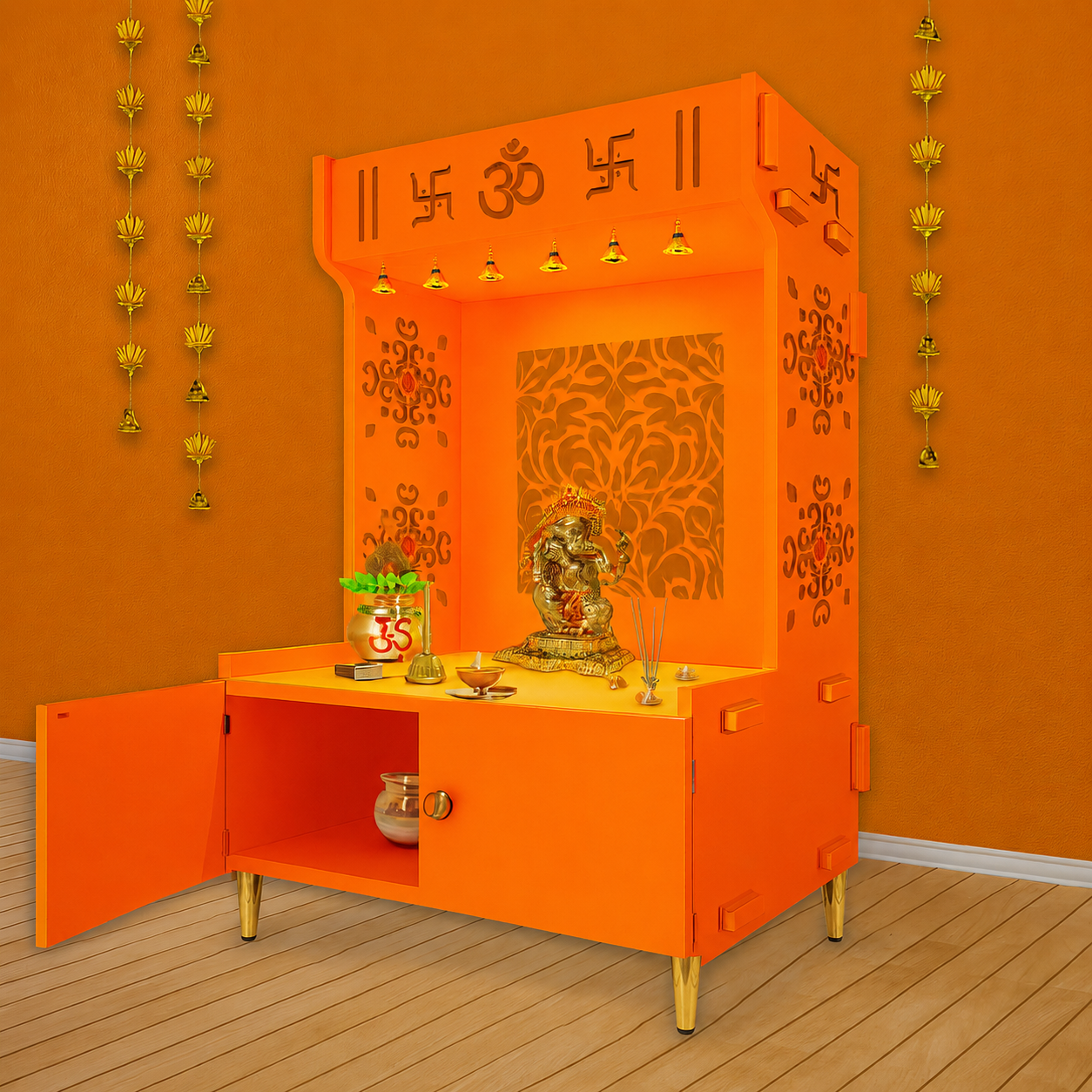 Designer Intricate Jali Design Pattern Floor Temple with Spacious Wooden Shelf & Inbuilt Focus Light- Bhagwa Finish