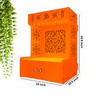 Designer Intricate Jali Design Pattern Floor Temple with Spacious Wooden Shelf & Inbuilt Focus Light- Bhagwa Finish