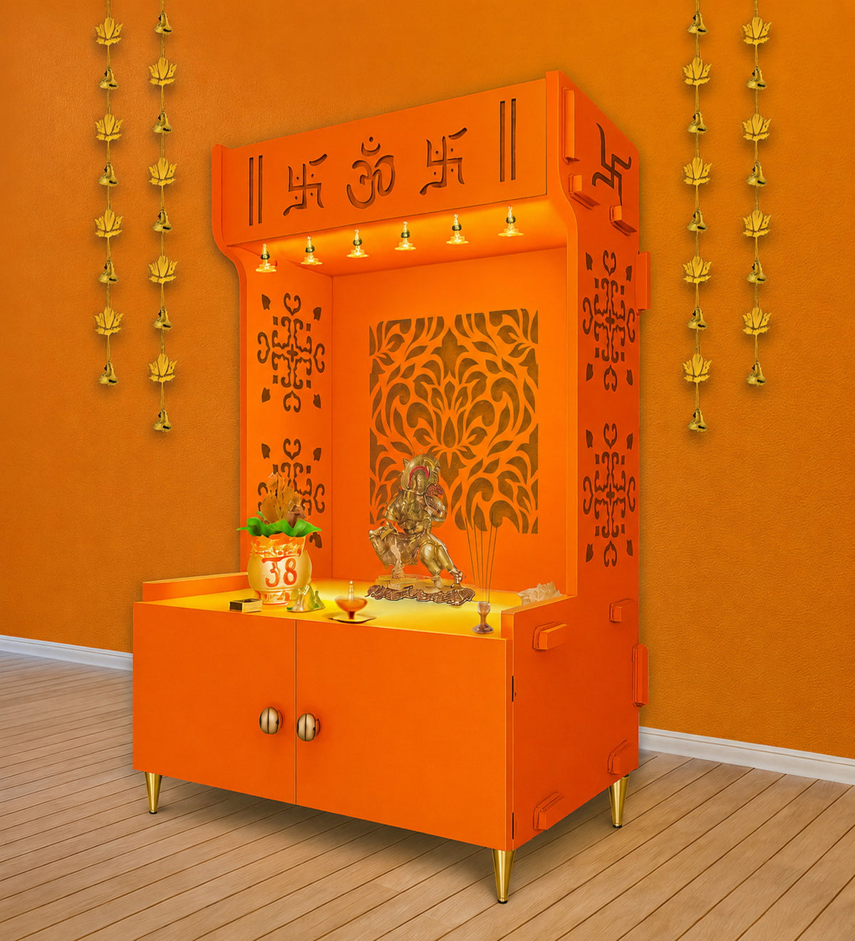 Designer Intricate Jali Design Pattern Floor Temple with Spacious Wooden Shelf & Inbuilt Focus Light- Bhagwa Finish