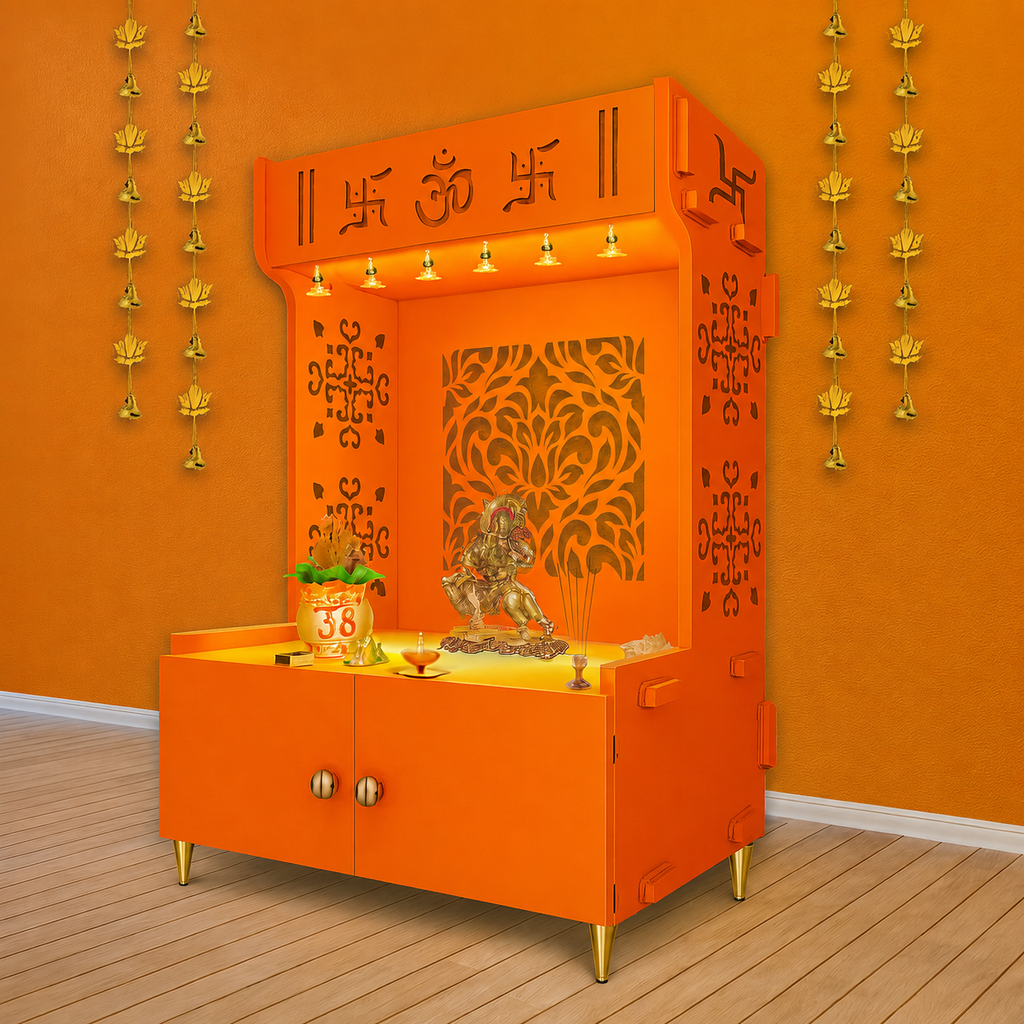 Designer Intricate Jali Design Pattern Floor Temple with Spacious Wooden Shelf & Inbuilt Focus Light- Bhagwa Finish