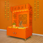 Designer Intricate Jali Design Pattern Floor Temple with Spacious Wooden Shelf & Inbuilt Focus Light- Bhagwa Finish
