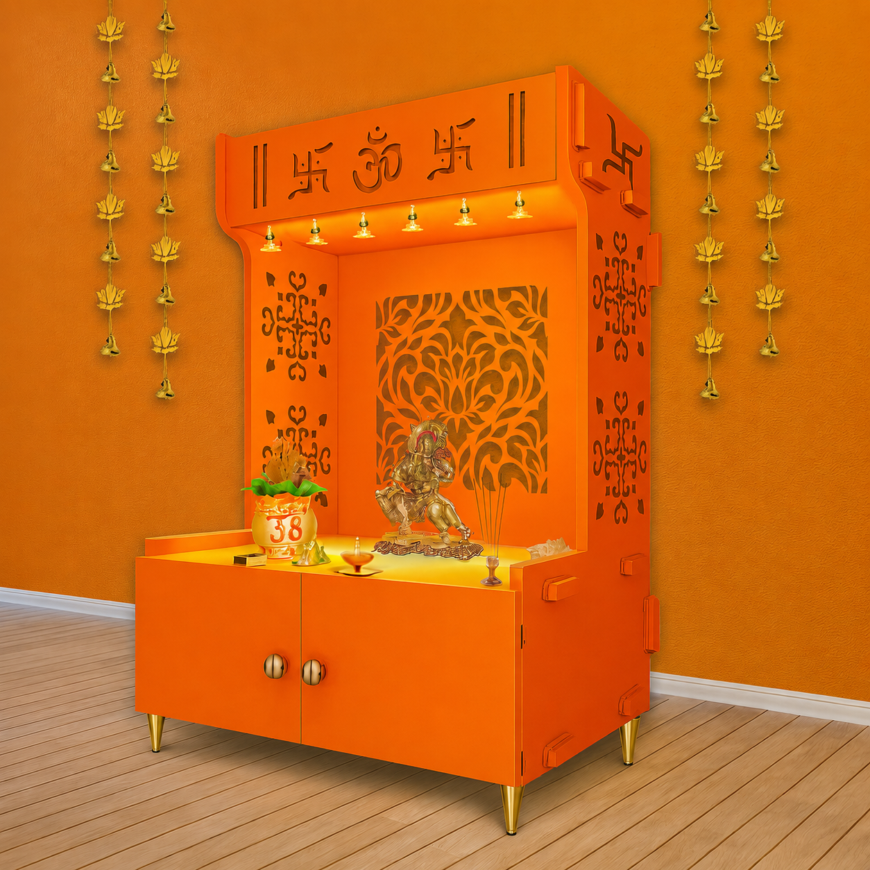 Designer Intricate Jali Design Pattern Floor Temple with Spacious Wooden Shelf & Inbuilt Focus Light- Bhagwa Finish