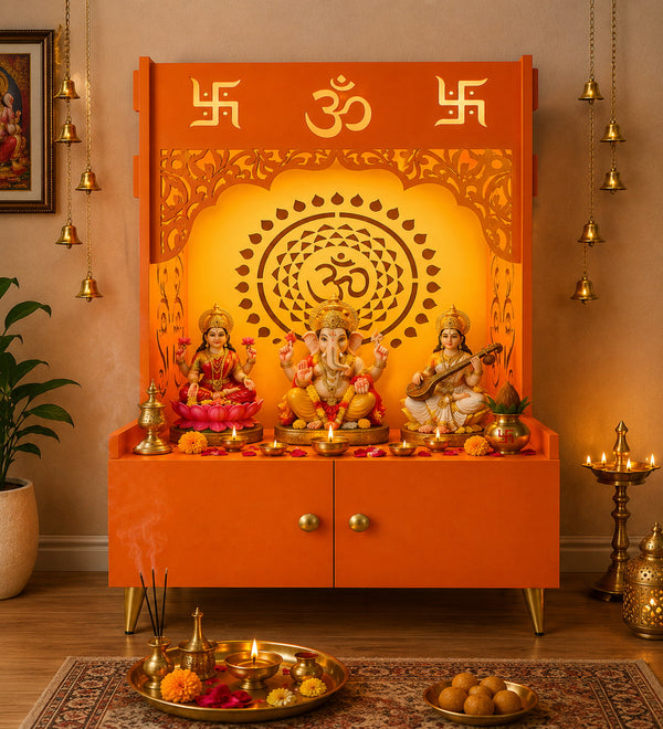 Designer Om Chakra Floor Temple with Spacious Wooden Shelf & Inbuilt Focus Light- Bhagwa Finish
