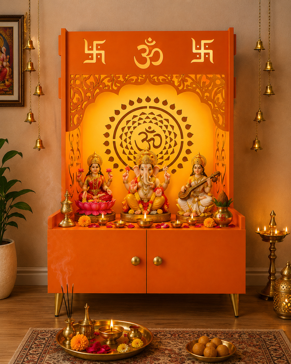 Designer Om Chakra Floor Temple with Spacious Wooden Shelf & Inbuilt Focus Light- Bhagwa Finish