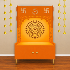 Designer Om Chakra Floor Temple with Spacious Wooden Shelf & Inbuilt Focus Light- Bhagwa Finish