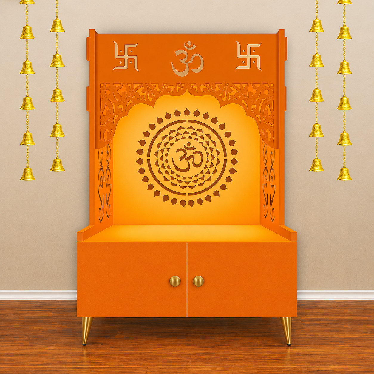 Designer Om Chakra Floor Temple with Spacious Wooden Shelf & Inbuilt Focus Light- Bhagwa Finish