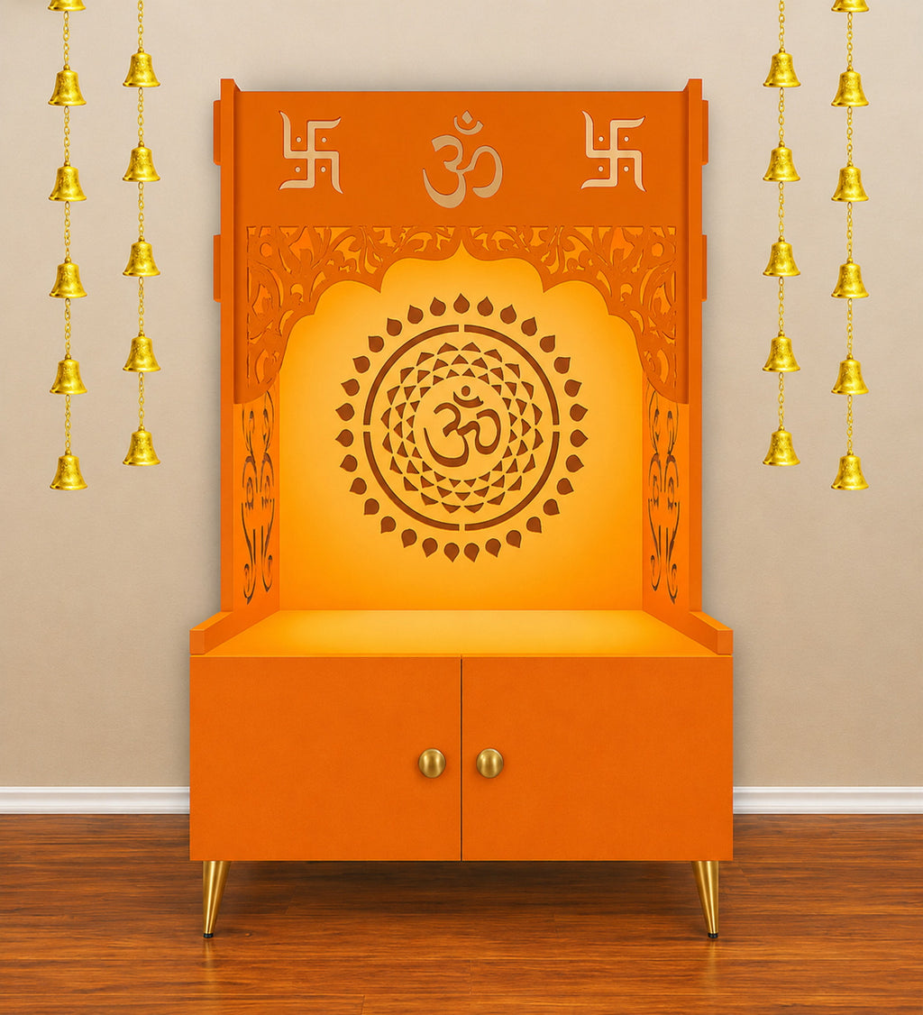 Designer Om Chakra Floor Temple with Spacious Wooden Shelf & Inbuilt Focus Light- Bhagwa Finish