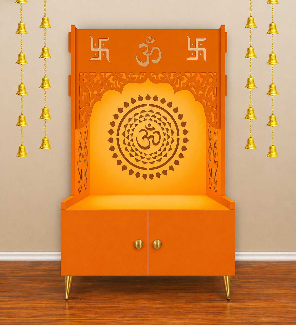 Designer Om Chakra Floor Temple with Spacious Wooden Shelf & Inbuilt Focus Light- Bhagwa Finish