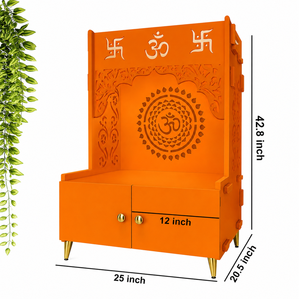 Designer Om Chakra Floor Temple with Spacious Wooden Shelf & Inbuilt Focus Light- Bhagwa Finish