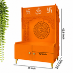 Designer Om Chakra Floor Temple with Spacious Wooden Shelf & Inbuilt Focus Light- Bhagwa Finish