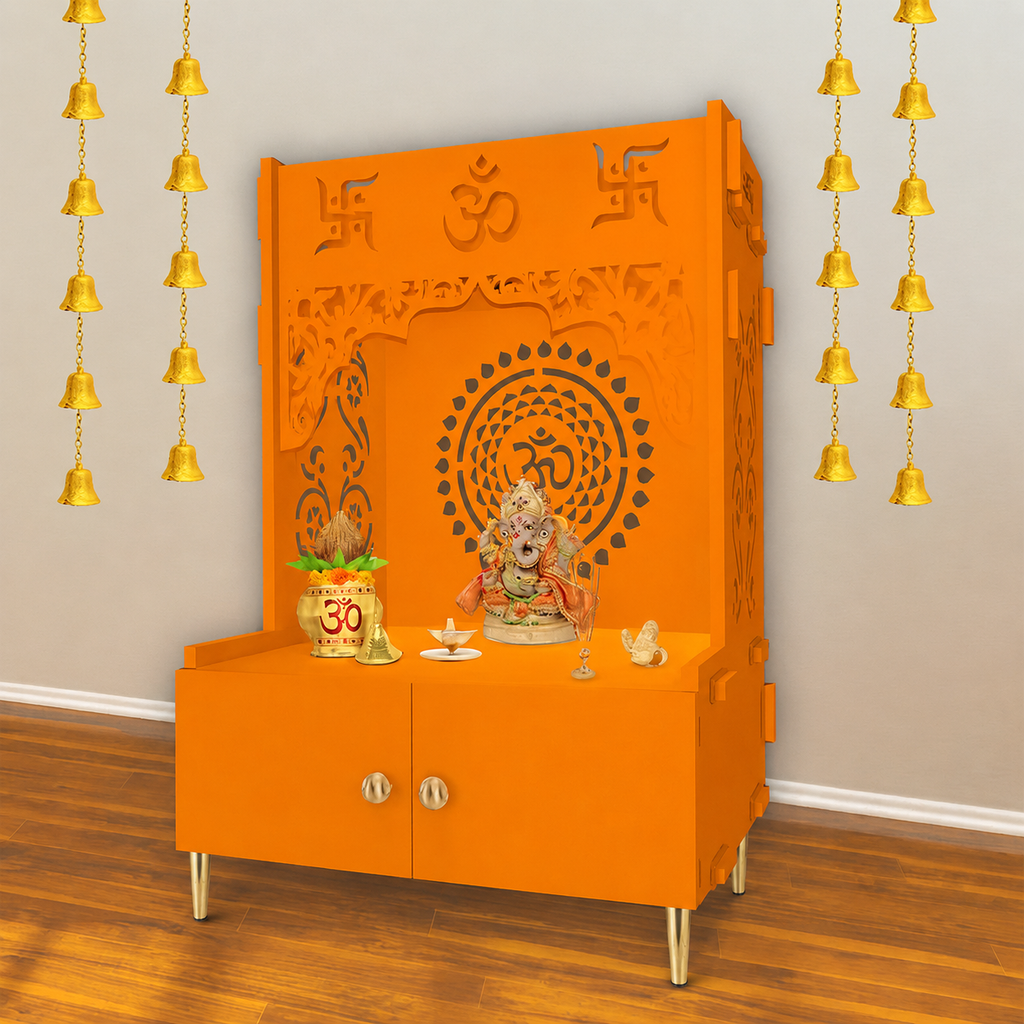 Designer Om Chakra Floor Temple with Spacious Wooden Shelf & Inbuilt Focus Light- Bhagwa Finish
