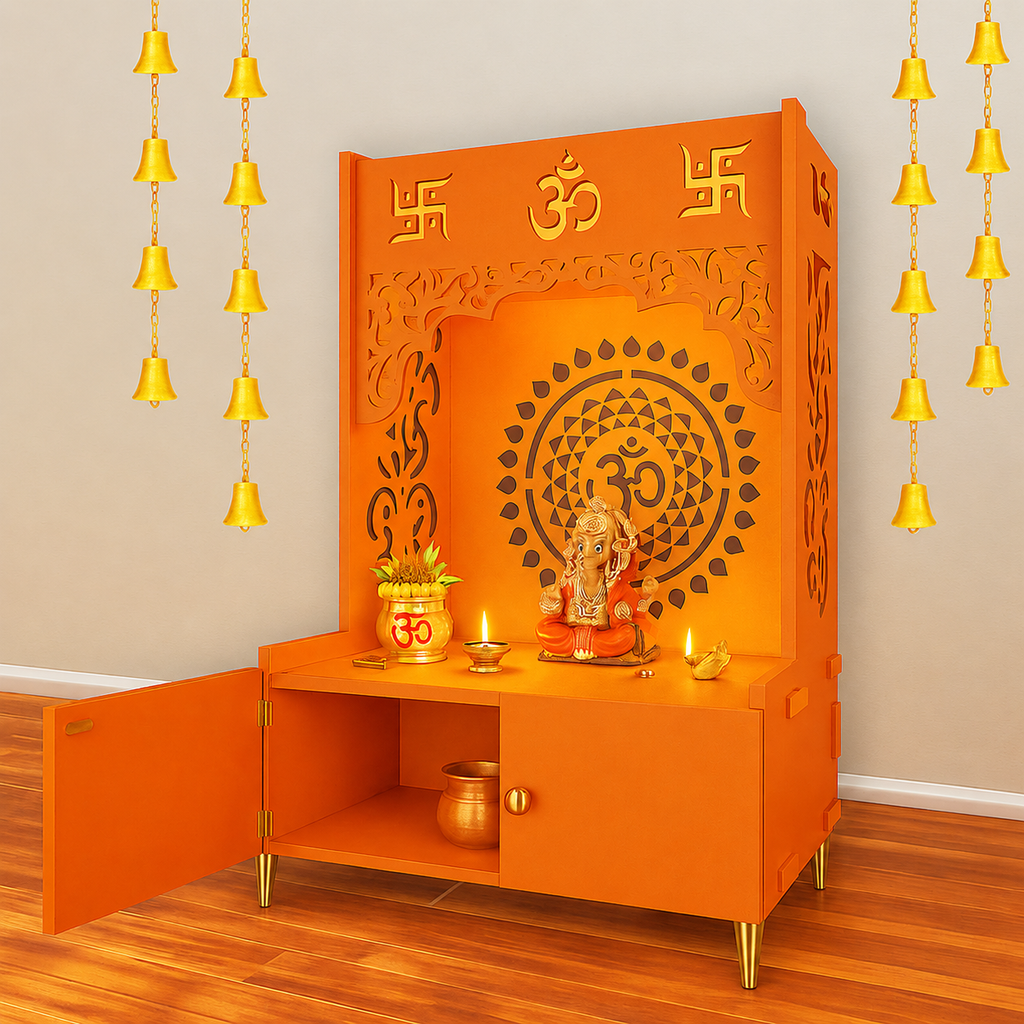 Designer Om Chakra Floor Temple with Spacious Wooden Shelf & Inbuilt Focus Light- Bhagwa Finish