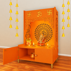 Designer Om Chakra Floor Temple with Spacious Wooden Shelf & Inbuilt Focus Light- Bhagwa Finish