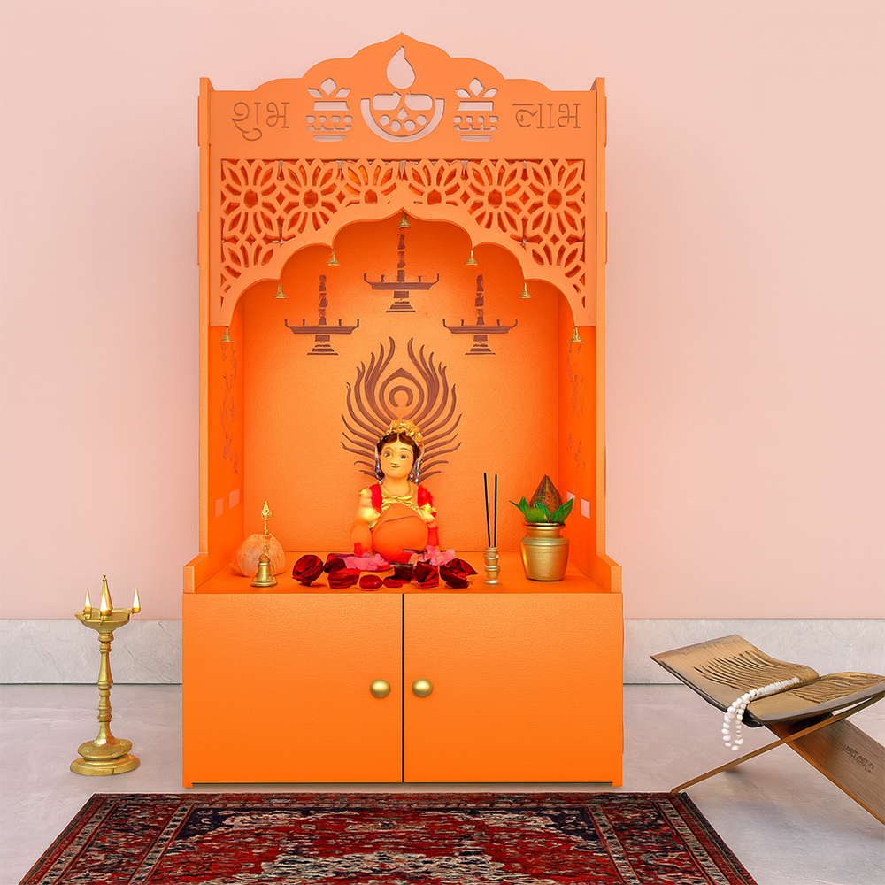 Bhagwa Wooden Floor Pooja Mandir with Shubh Labh Design Floral & Peacock Feather Motifs Laser-Cut Panels & Storage Cabinet