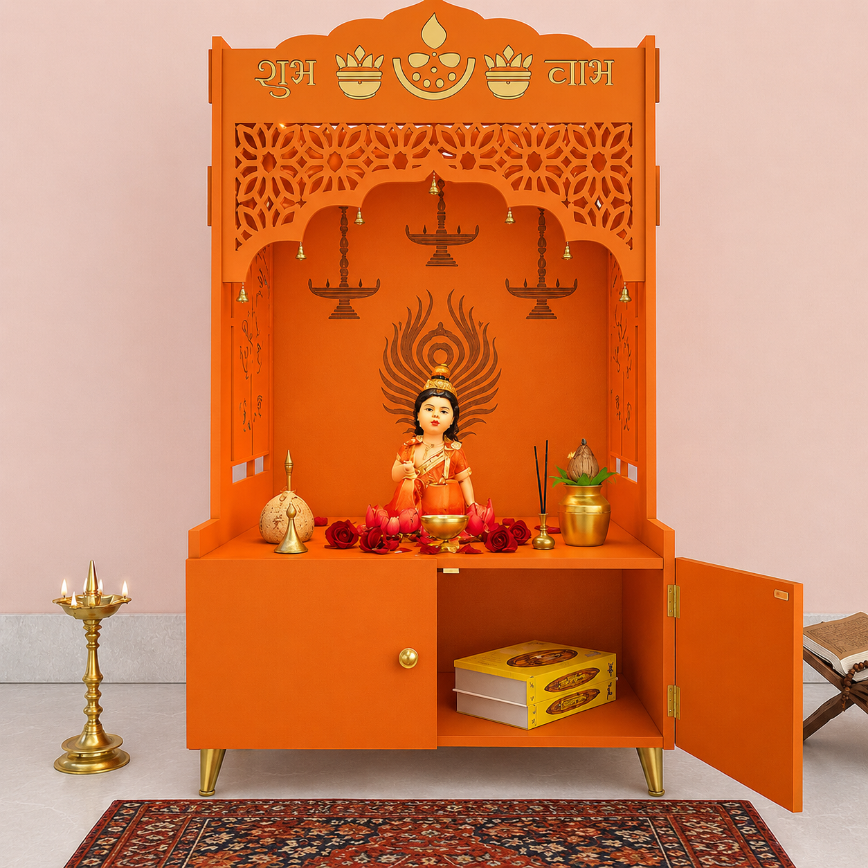 Bhagwa Wooden Floor Pooja Mandir with Shubh Labh Design Floral & Peacock Feather Motifs Laser-Cut Panels & Storage Cabinet