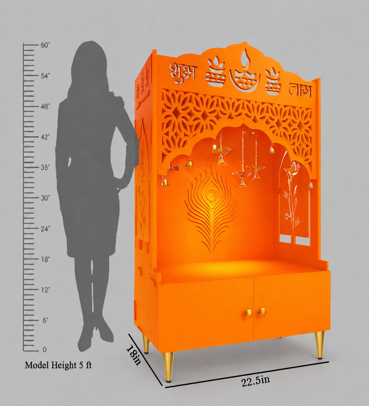 Bhagwa Wooden Floor Pooja Mandir with Shubh Labh Design Floral & Peacock Feather Motifs Laser-Cut Panels & Storage Cabinet