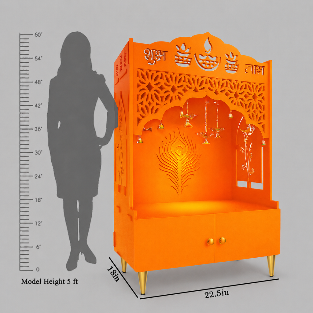 Bhagwa Wooden Floor Pooja Mandir with Shubh Labh Design Floral & Peacock Feather Motifs Laser-Cut Panels & Storage Cabinet