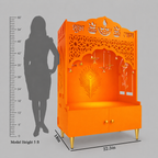 Bhagwa Wooden Floor Pooja Mandir with Shubh Labh Design Floral & Peacock Feather Motifs Laser-Cut Panels & Storage Cabinet