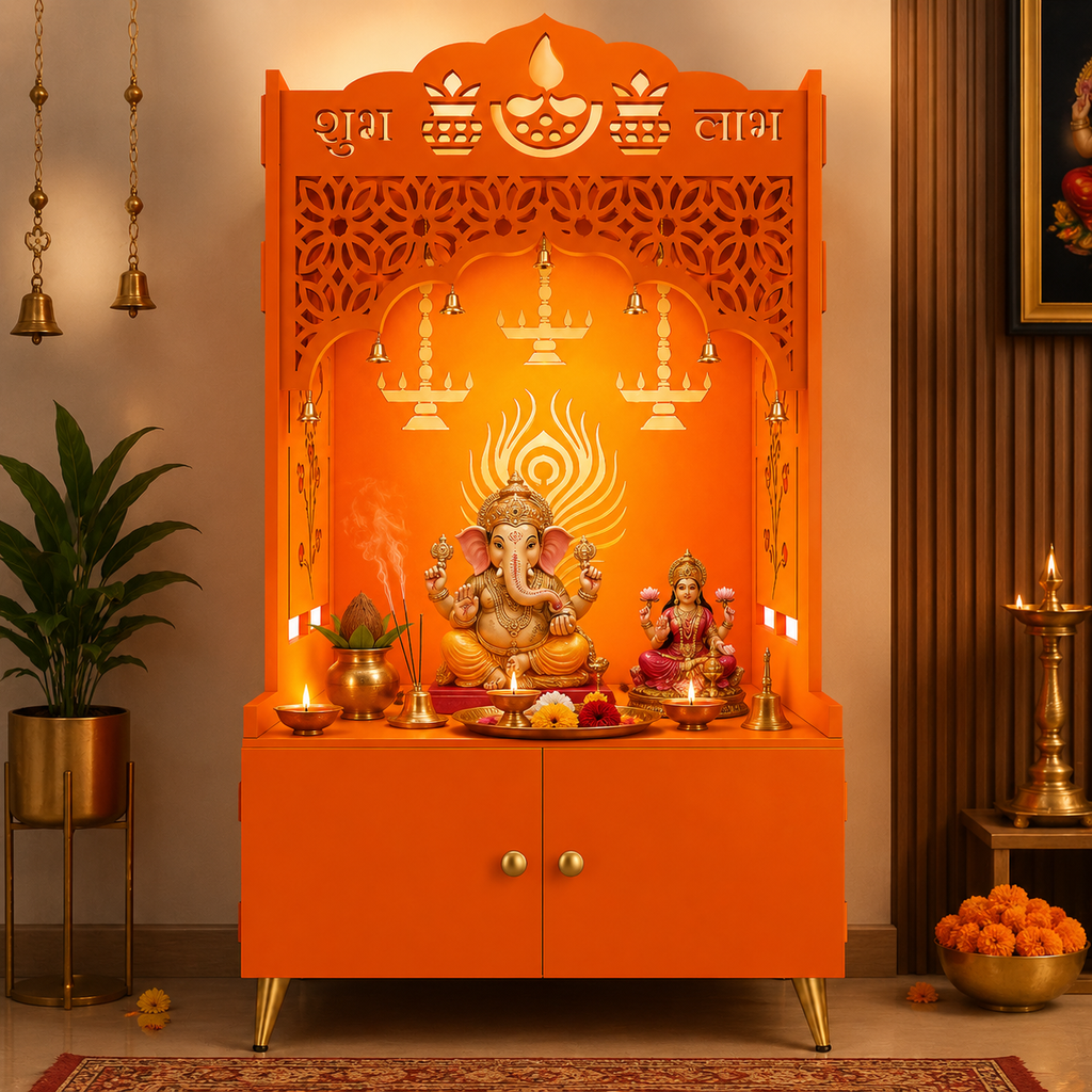 Bhagwa Wooden Floor Pooja Mandir with Shubh Labh Design Floral & Peacock Feather Motifs Laser-Cut Panels & Storage Cabinet