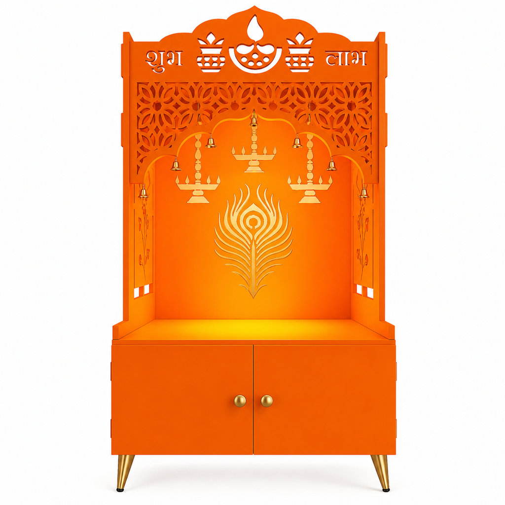 Bhagwa Wooden Floor Pooja Mandir with Shubh Labh Design Floral & Peacock Feather Motifs Laser-Cut Panels & Storage Cabinet
