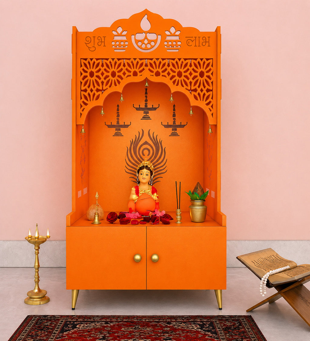 Bhagwa Wooden Floor Pooja Mandir with Shubh Labh Design Floral & Peacock Feather Motifs Laser-Cut Panels & Storage Cabinet