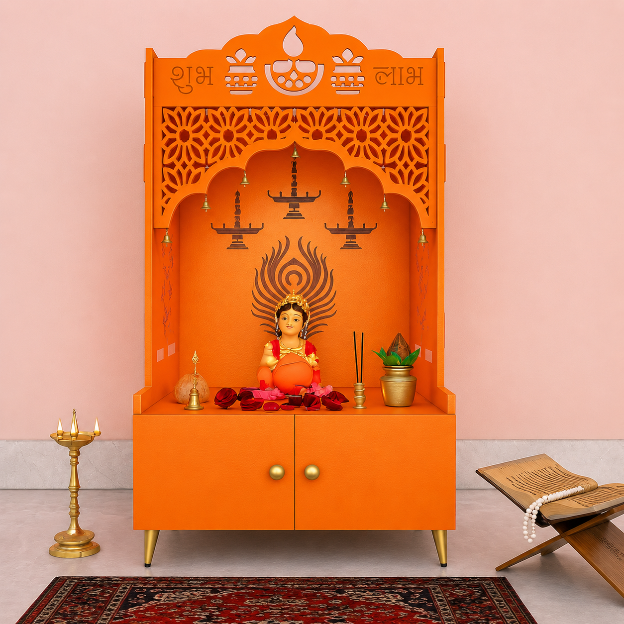 Bhagwa Wooden Floor Pooja Mandir with Shubh Labh Design Floral & Peacock Feather Motifs Laser-Cut Panels & Storage Cabinet