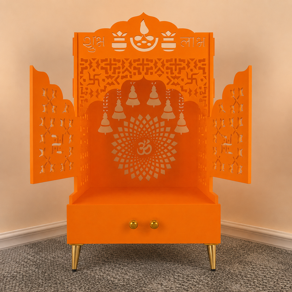 Bhagwa Wooden Floor Pooja Mandir with Laser-Cut Om & Shubh Labh Motif Doors with Storage Cabinet