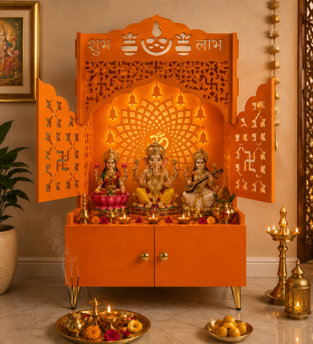 Bhagwa Wooden Floor Pooja Mandir with Laser-Cut Om & Shubh Labh Motif Doors with Storage Cabinet