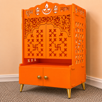 Bhagwa Wooden Floor Pooja Mandir with Laser-Cut Om & Shubh Labh Motif Doors with Storage Cabinet