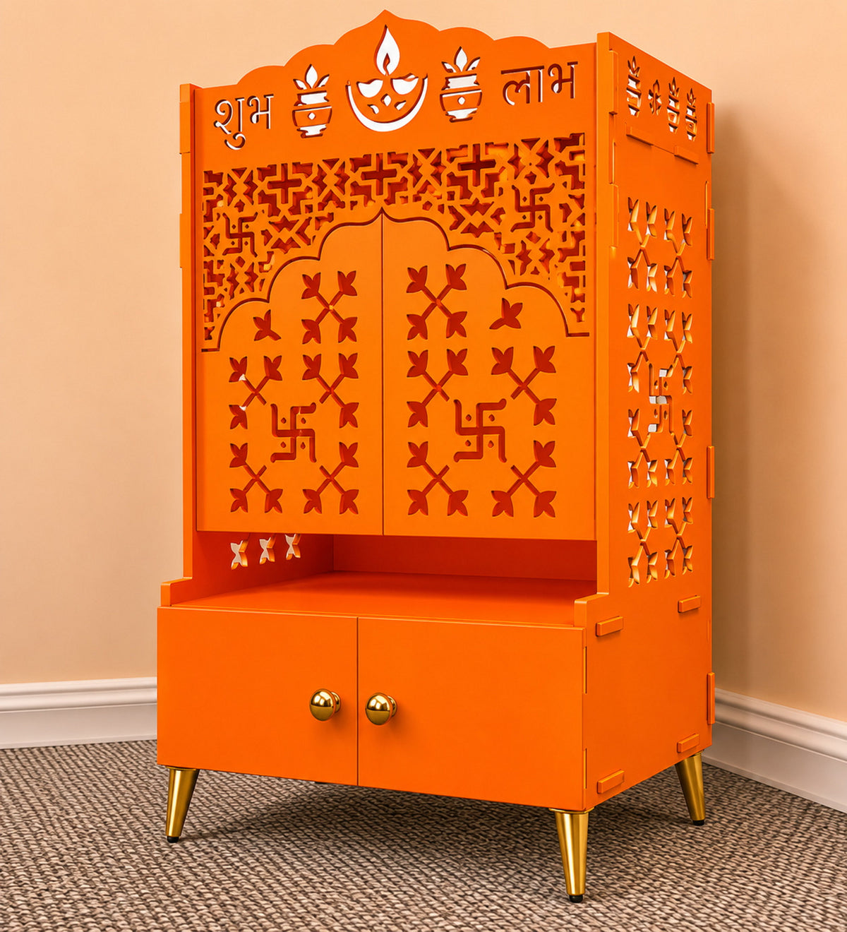 Bhagwa Wooden Floor Pooja Mandir with Laser-Cut Om & Shubh Labh Motif Doors with Storage Cabinet