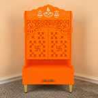 Bhagwa Wooden Floor Pooja Mandir with Laser-Cut Om & Shubh Labh Motif Doors with Storage Cabinet