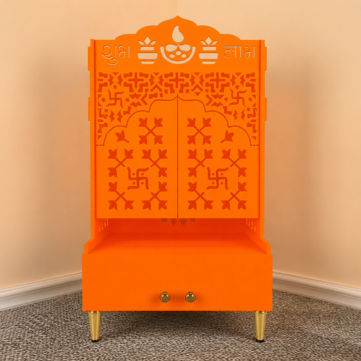 Bhagwa Wooden Floor Pooja Mandir with Laser-Cut Om & Shubh Labh Motif Doors with Storage Cabinet