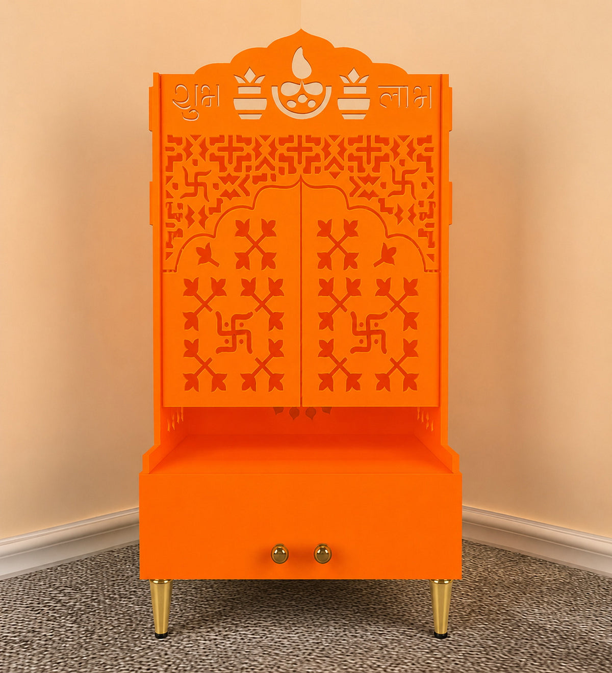 Bhagwa Wooden Floor Pooja Mandir with Laser-Cut Om & Shubh Labh Motif Doors with Storage Cabinet