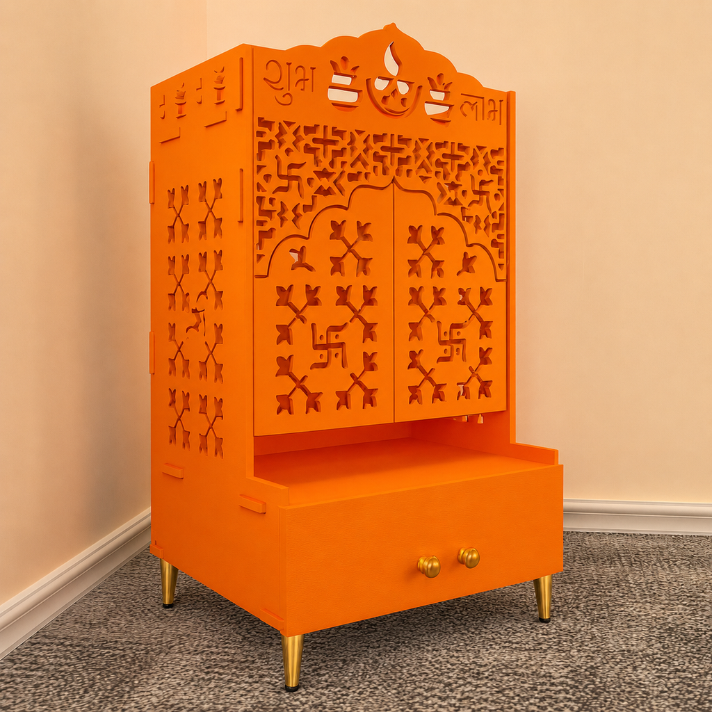 Bhagwa Wooden Floor Pooja Mandir with Laser-Cut Om & Shubh Labh Motif Doors with Storage Cabinet
