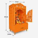 Bhagwa Wooden Floor Pooja Mandir with Laser-Cut Lotus & Bell Doors Shubh Labh Design Hanging Diya Motifs & Storage Cabinet