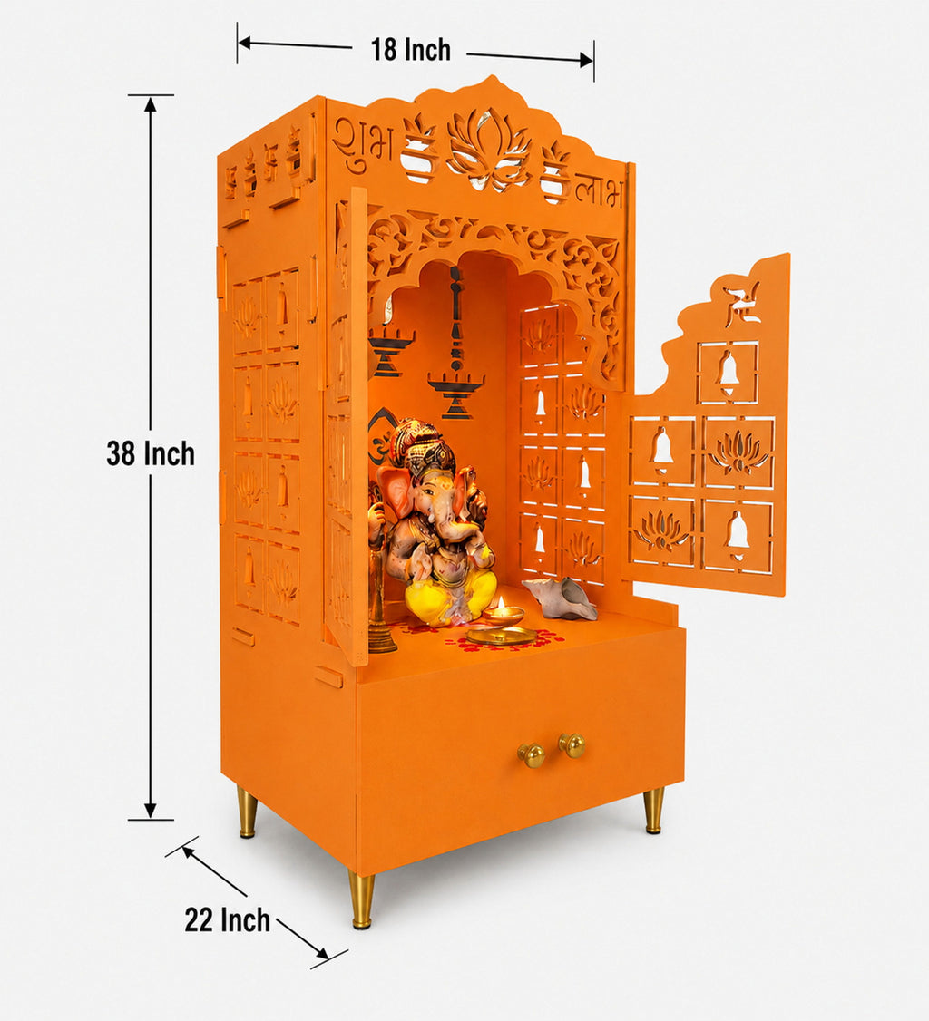 Bhagwa Wooden Floor Pooja Mandir with Laser-Cut Lotus & Bell Doors Shubh Labh Design Hanging Diya Motifs & Storage Cabinet
