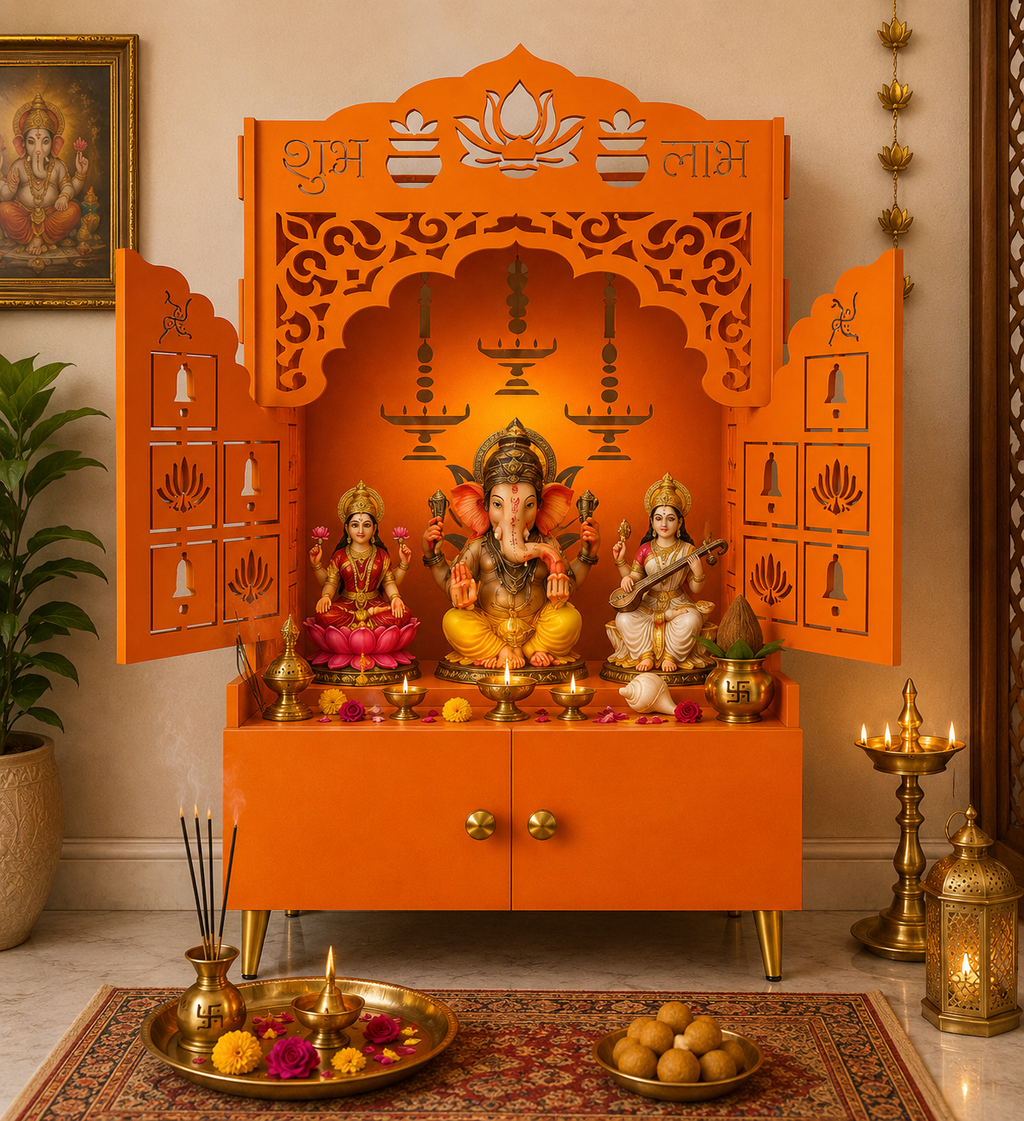 Bhagwa Wooden Floor Pooja Mandir with Laser-Cut Lotus & Bell Doors Shubh Labh Design Hanging Diya Motifs & Storage Cabinet