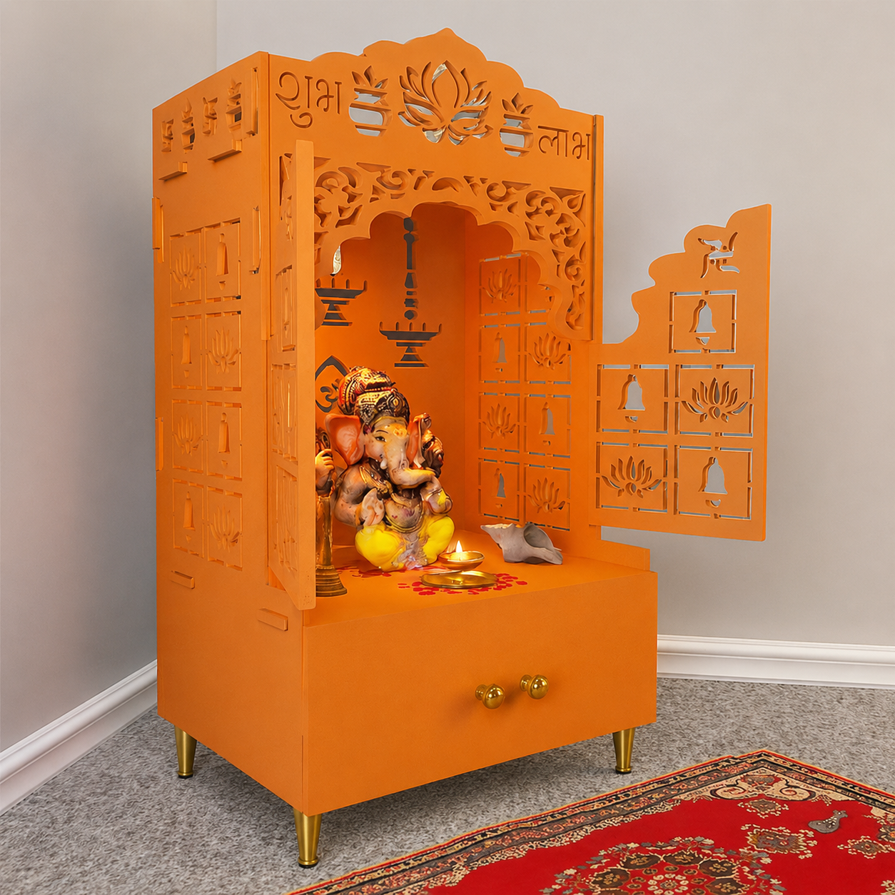Bhagwa Wooden Floor Pooja Mandir with Laser-Cut Lotus & Bell Doors Shubh Labh Design Hanging Diya Motifs & Storage Cabinet