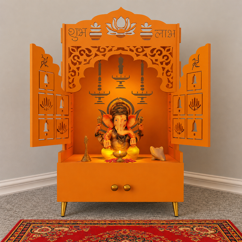 Bhagwa Wooden Floor Pooja Mandir with Laser-Cut Lotus & Bell Doors Shubh Labh Design Hanging Diya Motifs & Storage Cabinet