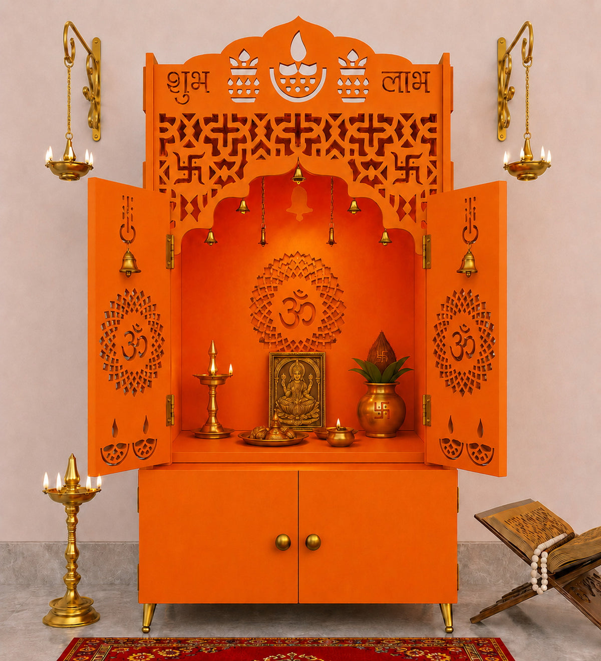 Modern Bhagwa Wooden Floor Pooja Mandir with Doors Laser-Cut Om & Diya Design with Storage Cabinet