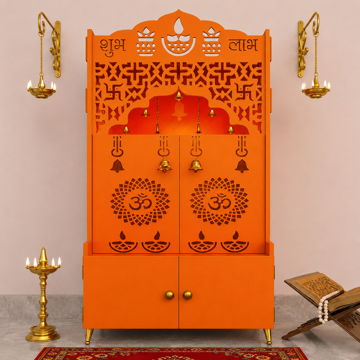 Modern Bhagwa Wooden Floor Pooja Mandir with Doors Laser-Cut Om & Diya Design with Storage Cabinet