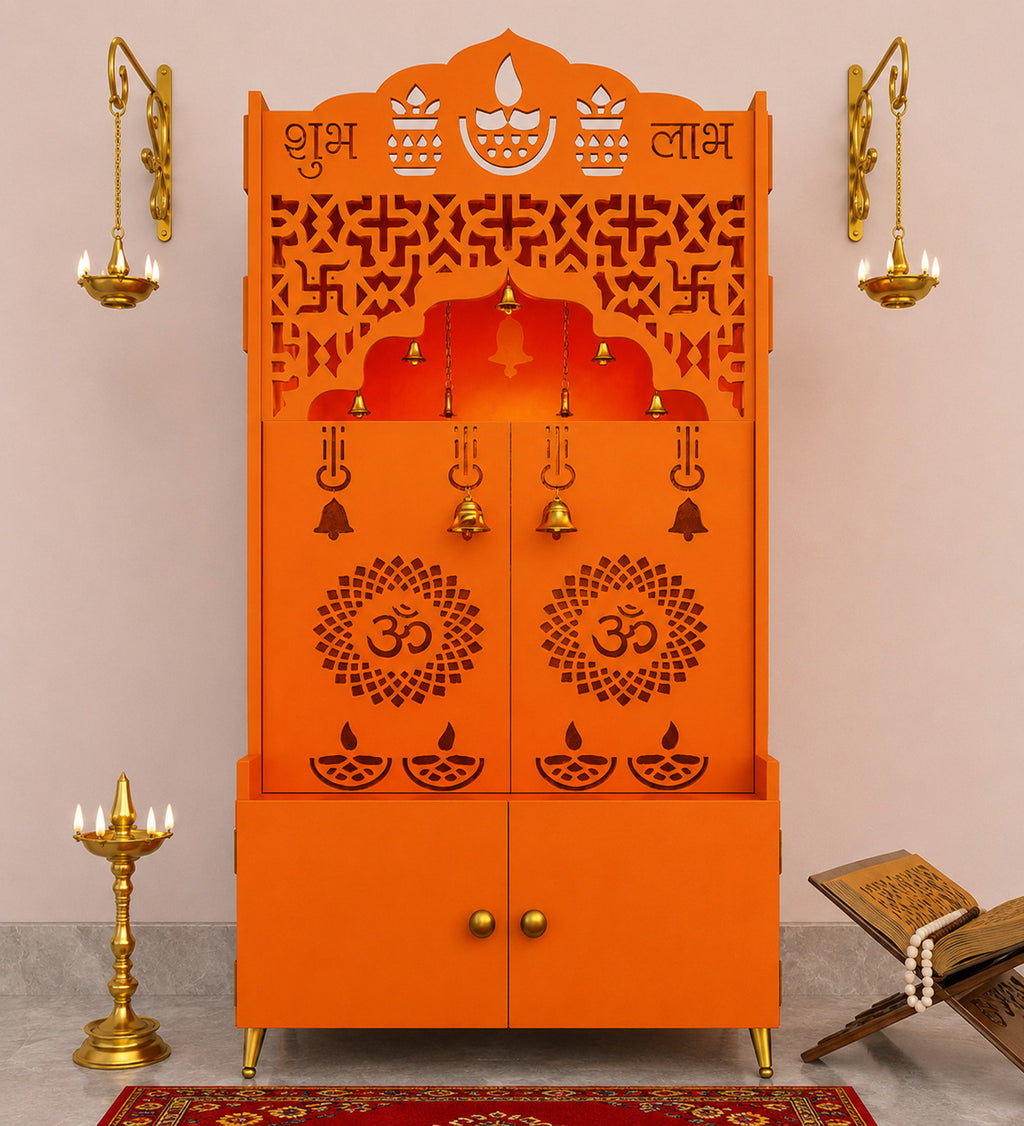 Modern Bhagwa Wooden Floor Pooja Mandir with Doors Laser-Cut Om & Diya Design with Storage Cabinet