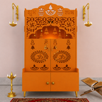 Modern Bhagwa Wooden Floor Pooja Mandir with Doors Laser-Cut Om & Diya Design with Storage Cabinet