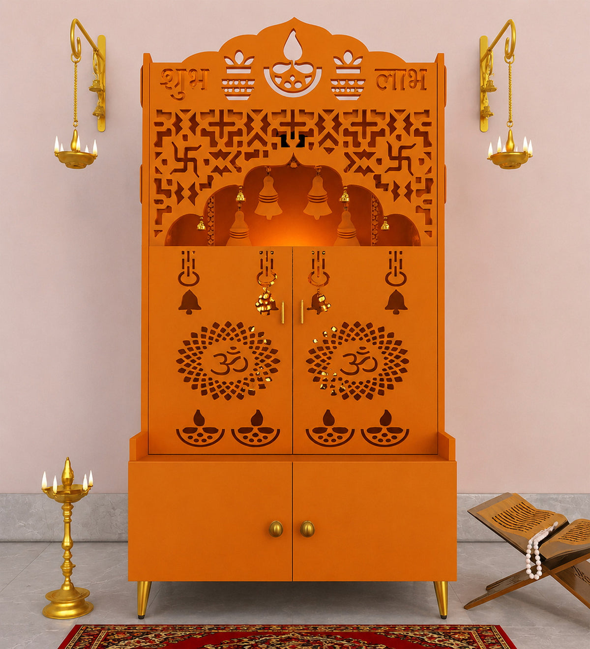 Modern Bhagwa Wooden Floor Pooja Mandir with Doors Laser-Cut Om & Diya Design with Storage Cabinet