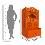 Modern Bhagwa Wooden Floor Pooja Mandir with Doors Laser-Cut Om & Diya Design with Storage Cabinet