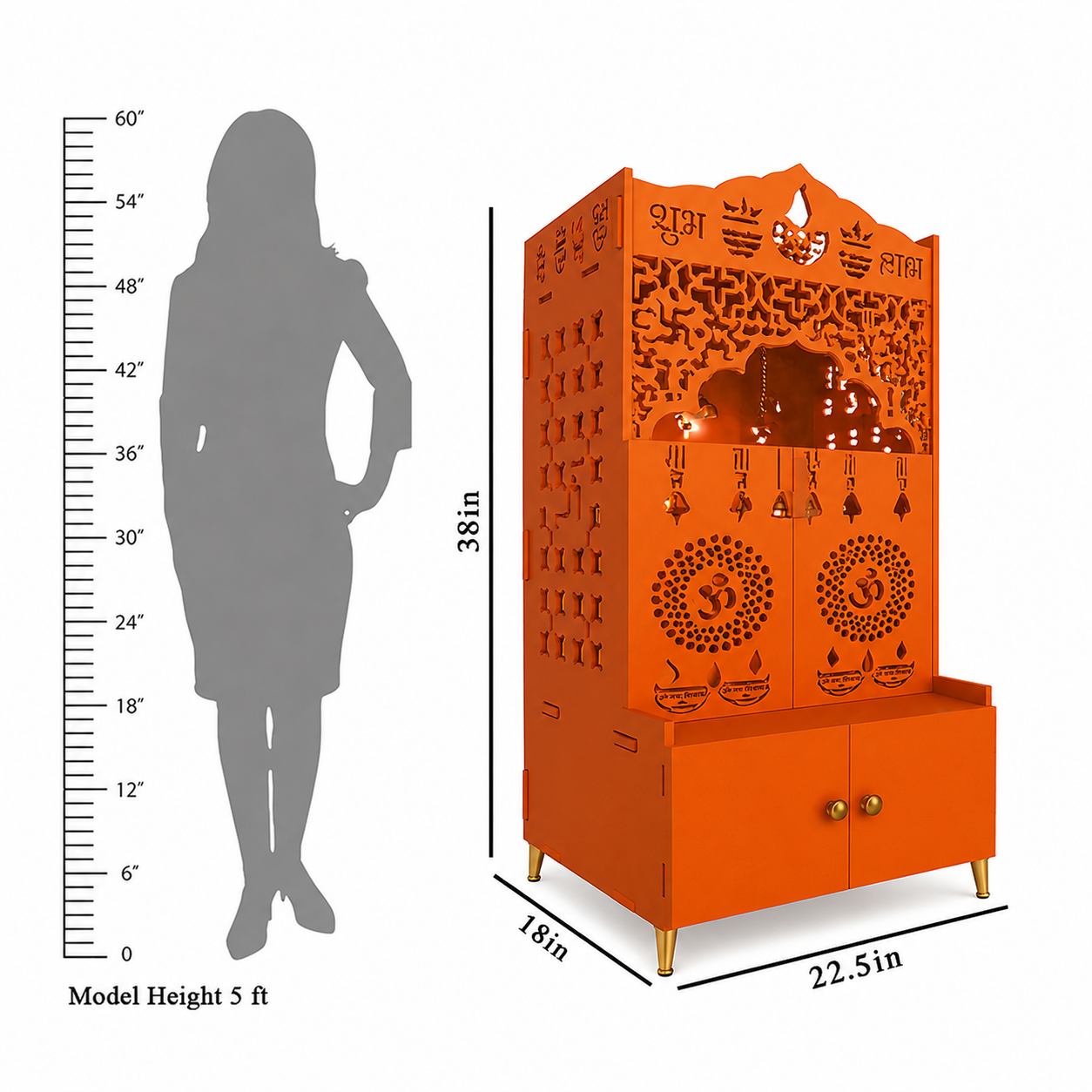 Modern Bhagwa Wooden Floor Pooja Mandir with Doors Laser-Cut Om & Diya Design with Storage Cabinet